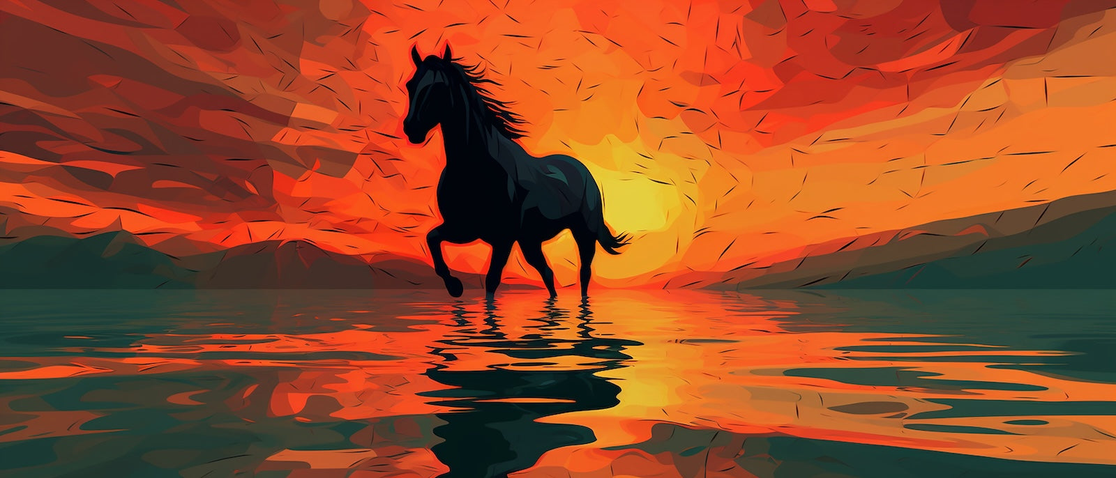 Papier Peint Animaux - Cheval Silhouette au Coucher de Soleil