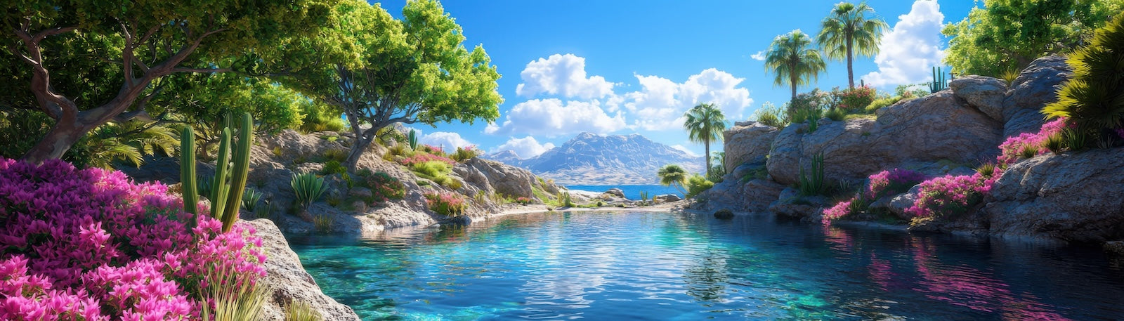 Papier Peint Paysage - Oasis Turquoise et Fleurs Roses