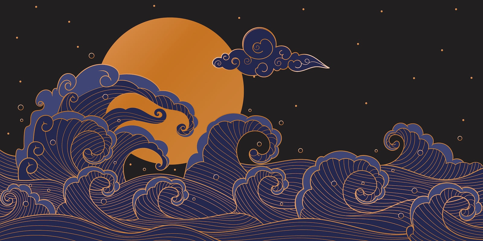 Papier Peint Japonais - Vagues Nocturnes et Lune Orange