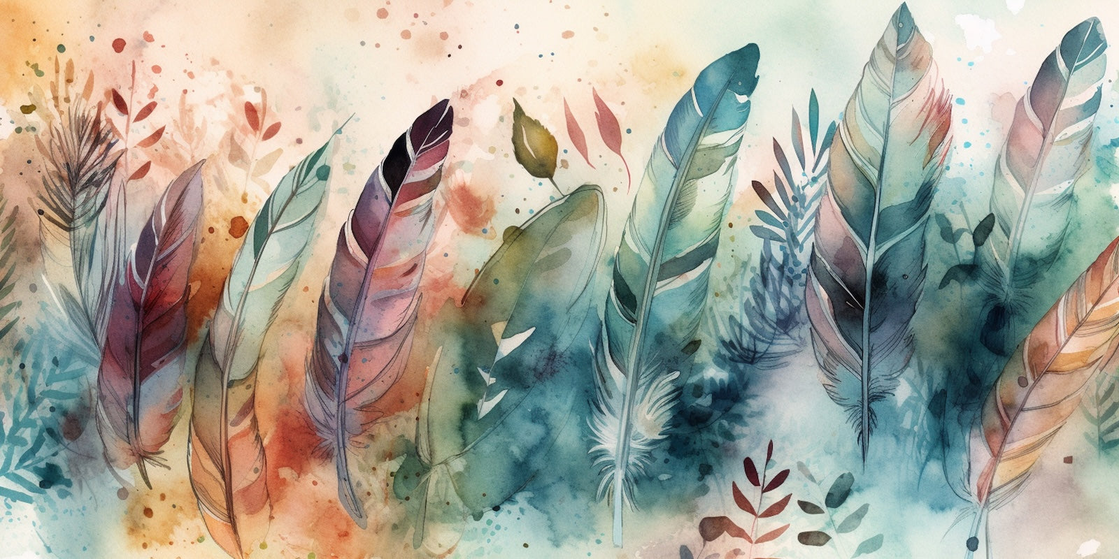 Papier Peint Floral - Plumes Aquarelle Vertes