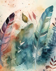 Papier Peint Floral - Plumes Aquarelle Vertes