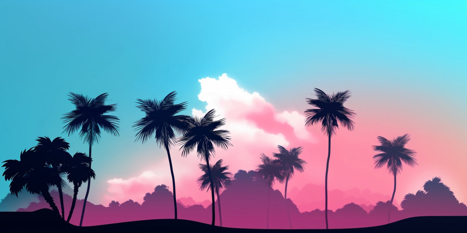 Papier Peint Tropical - Palmiers au Coucher de Soleil Rose