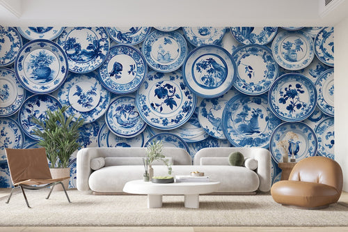 Papier Peint Motif - Cercles Bleus et Blancs