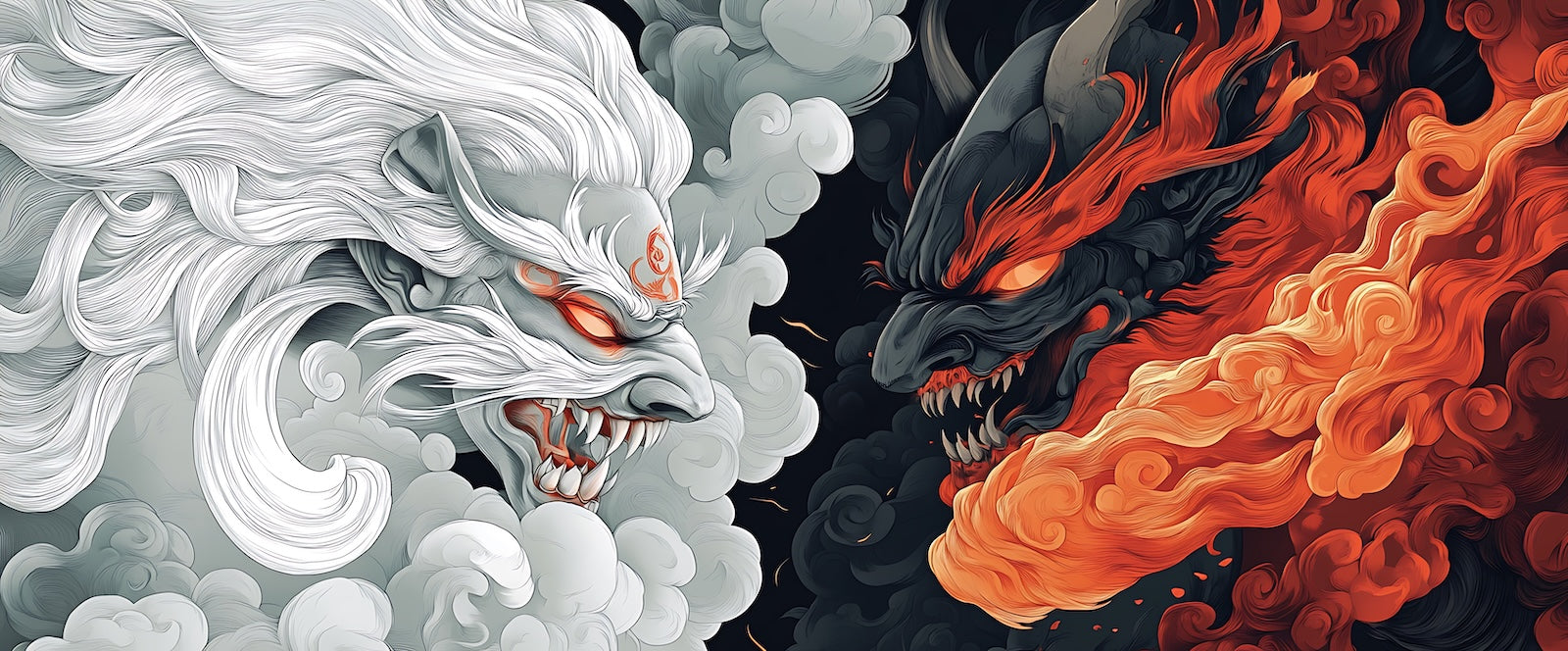 Papier Peint Fantastique - Dragons Blanc et Feu