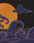 Papier Peint Japonais - Vagues Nocturnes et Lune Orange