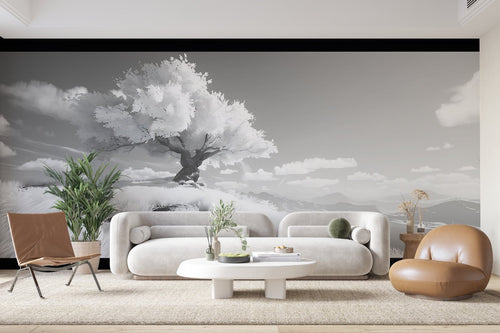 Papier peint noir et blanc - Arbre solitaire sur une colline