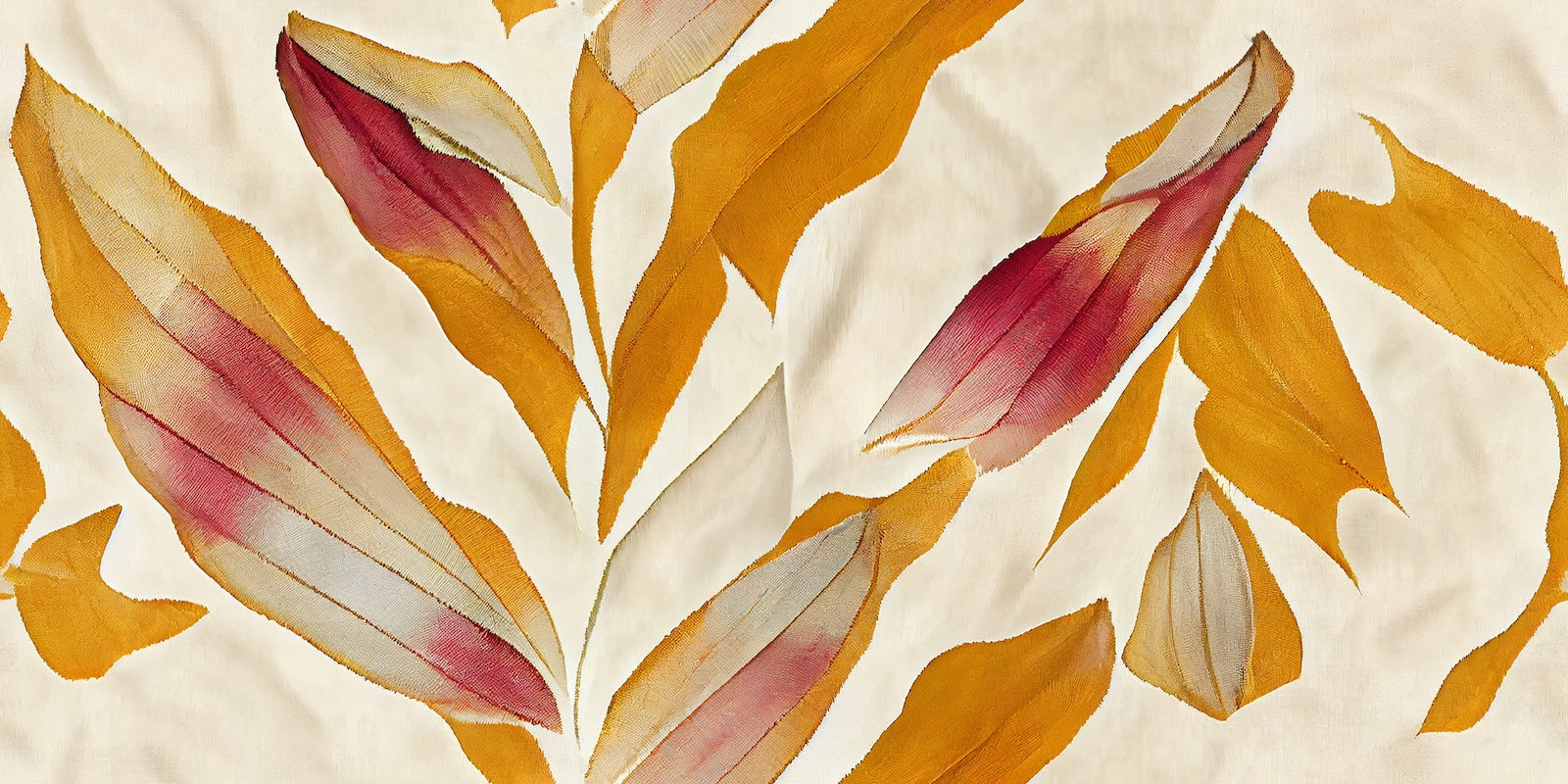 Papier Peint Floral - Feuilles Orange et Rouge