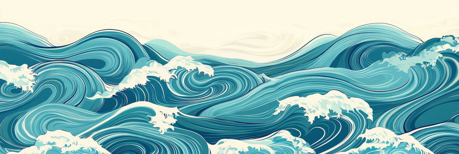 Papier Peint Japonais - Vagues Turquoise Illustrées