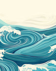 Papier Peint Japonais - Vagues Turquoise Illustrées