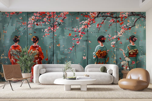 Papier Peint Illustration - Geishas et Fleurs de Cerisier