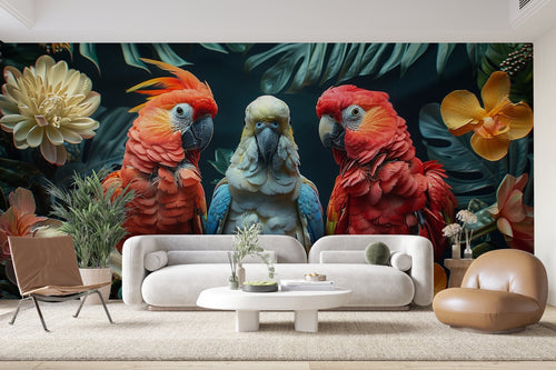 Papier Peint Oiseaux & Rapaces - Perroquets et Fleurs Tropicales