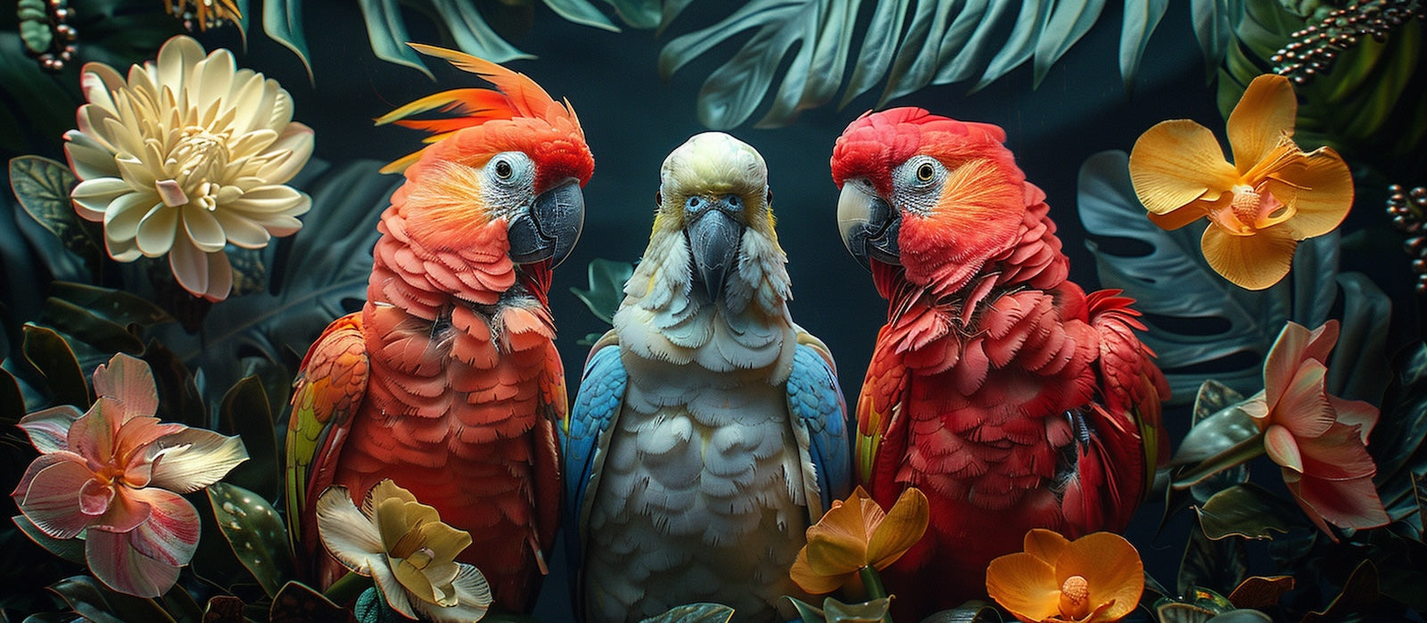 Papier Peint Oiseaux & Rapaces - Perroquets et Fleurs Tropicales