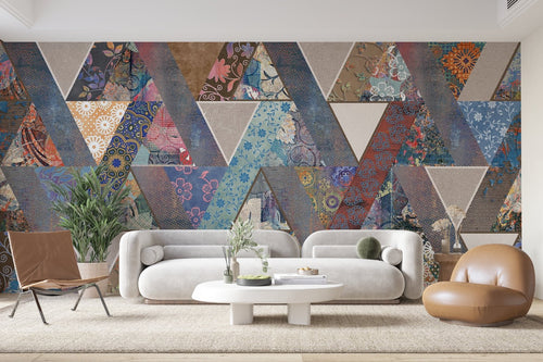 Geometrisch behang - Gekleurde gemarmerde driehoeken