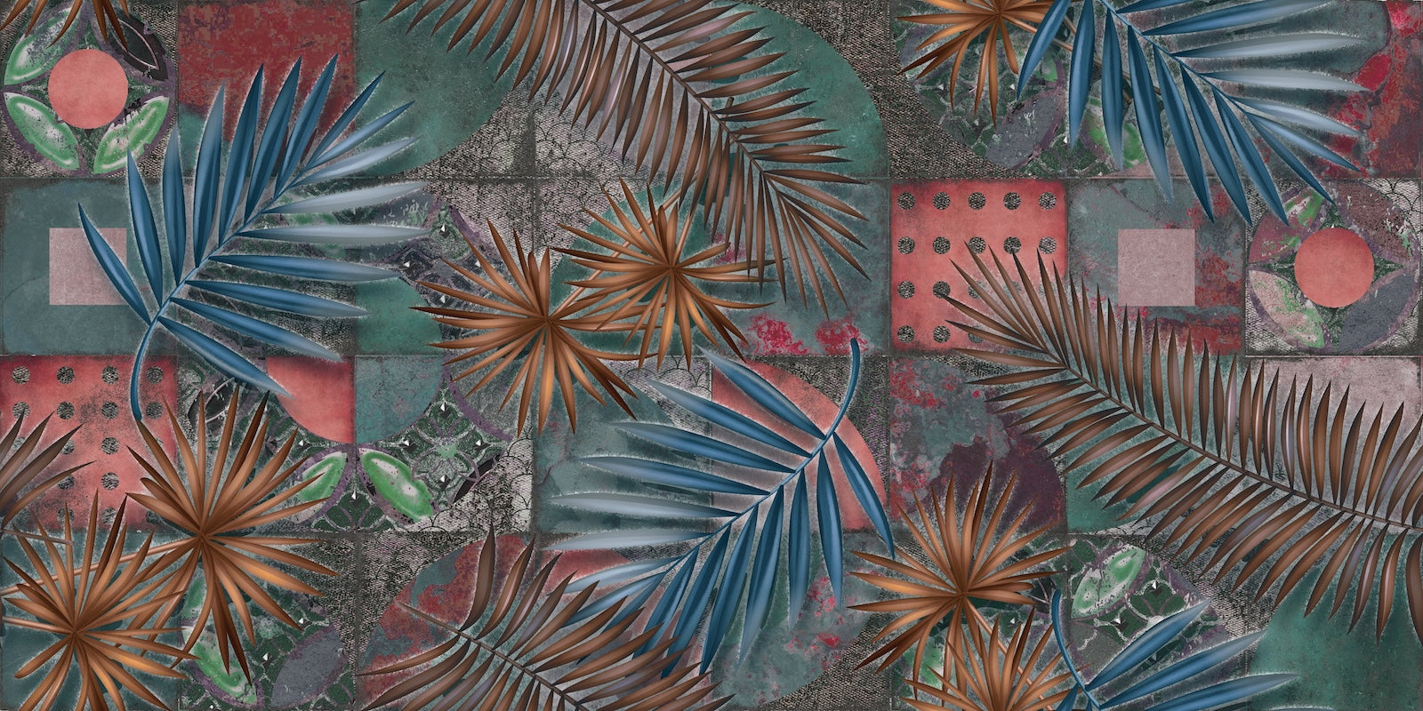 Papier Peint Tropical - Feuillage et Architecture Colorée