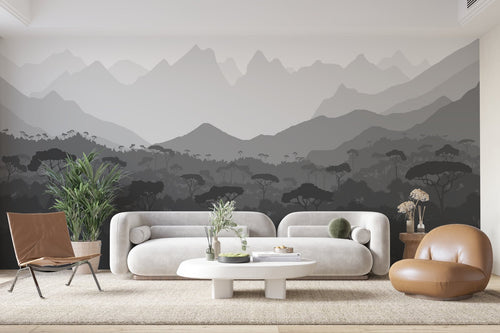 Papier Peint Noir et Blanc - Savane et Montagnes en Dégradé
