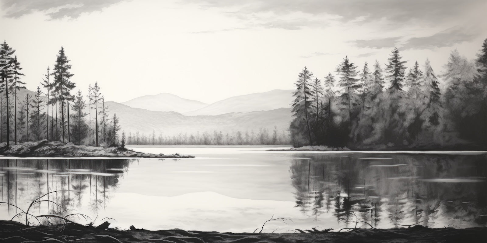 Papier Peint Forêt Noir et Blanc - Lac et Sapins