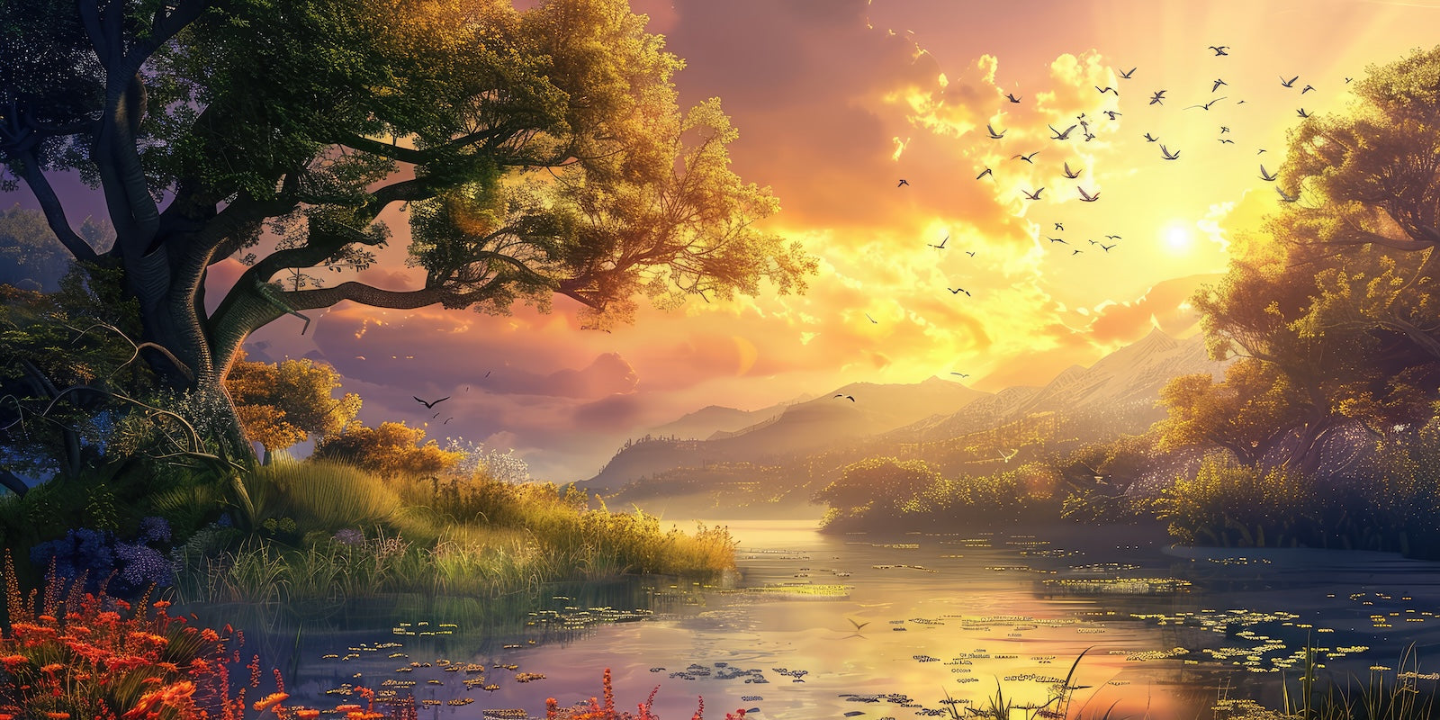 Papier Peint Nature - Rivière au Coucher de Soleil Doré