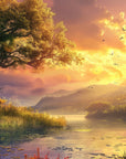 Papier Peint Nature - Rivière au Coucher de Soleil Doré