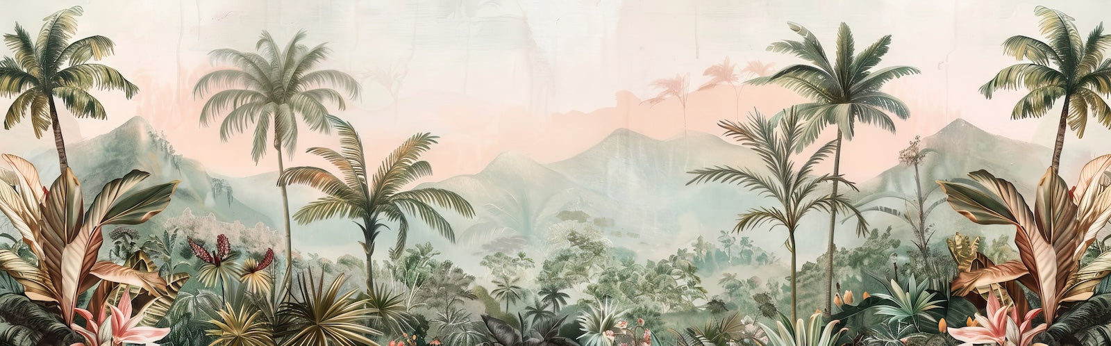 Papier Peint Tropical - Palmiers dans la Brume Rose