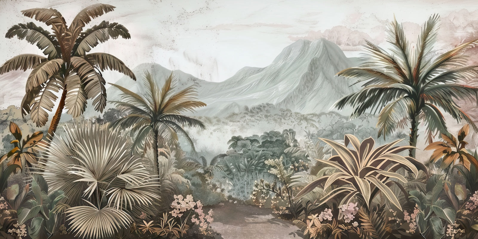 Papier Peint Tropical - Palmiers et Montagnes Vertes