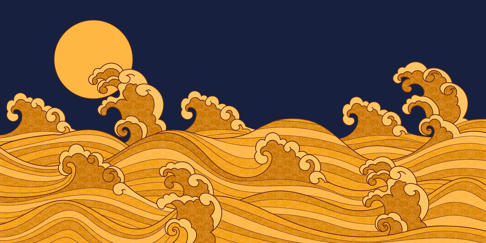 Papier Peint Japonais - Vagues Dorées et Pleine Lune
