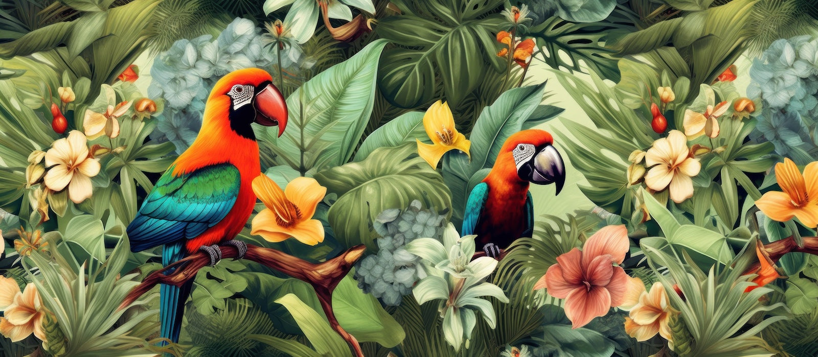 Papier Peint Oiseaux & Rapaces - Perroquets dans les Fleurs Tropicales