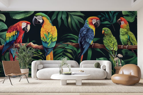 Papier Peint Oiseaux & Rapaces - Perroquets Colorés dans la Jungle
