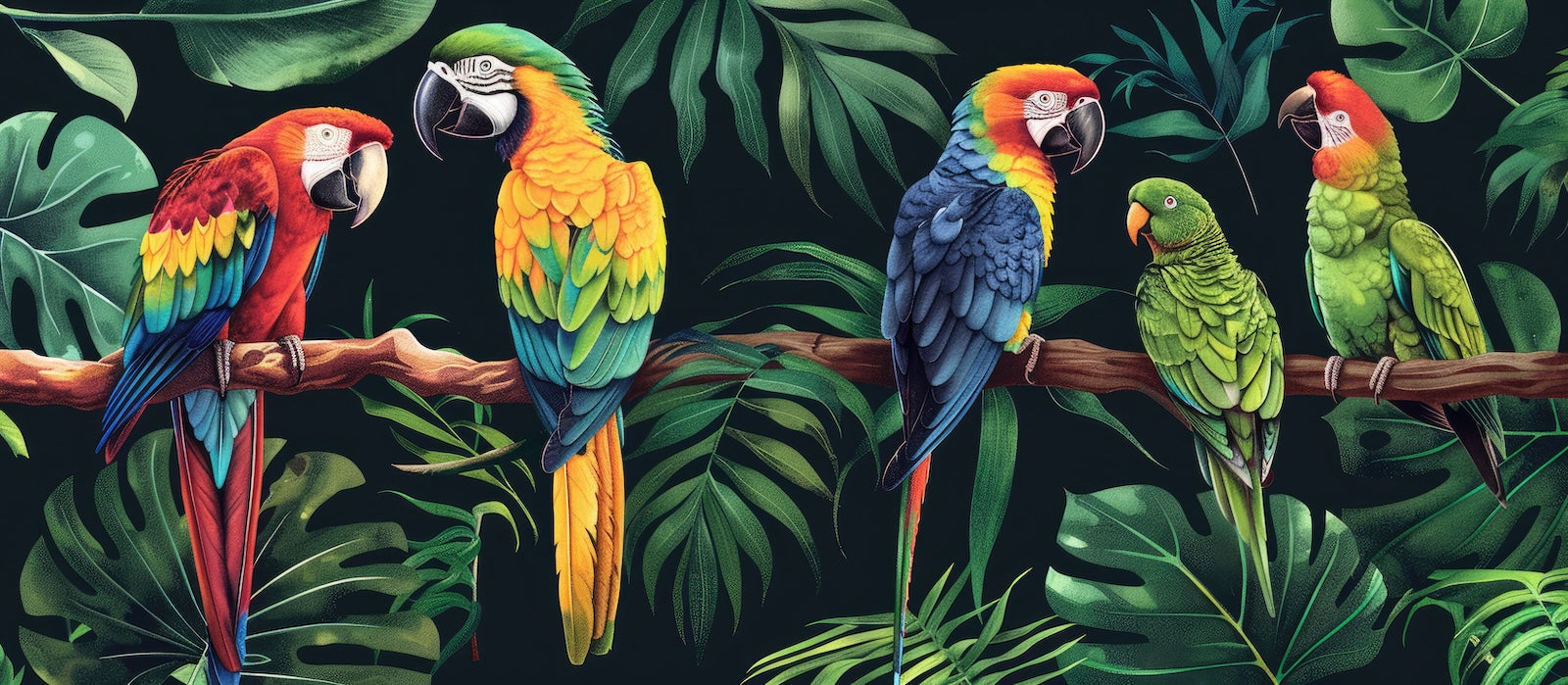 Papier Peint Oiseaux & Rapaces - Perroquets Colorés dans la Jungle