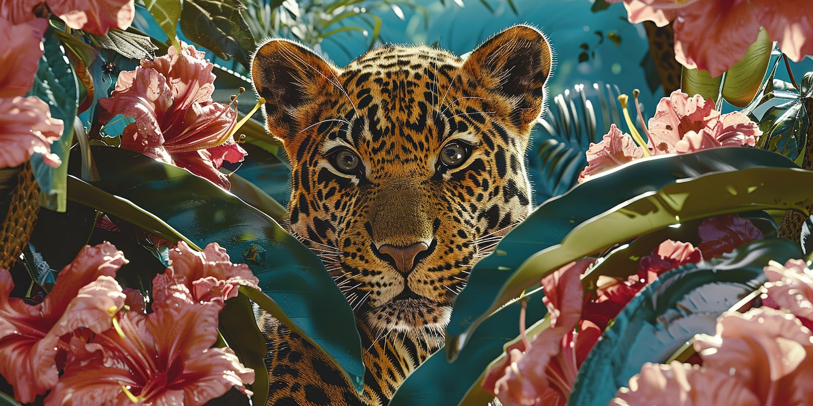 Papier Peint Animaux - Léopard parmi les Fleurs Roses