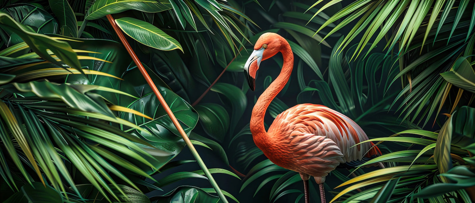 Papier Peint Animaux - Flamant Rose dans les Palmiers