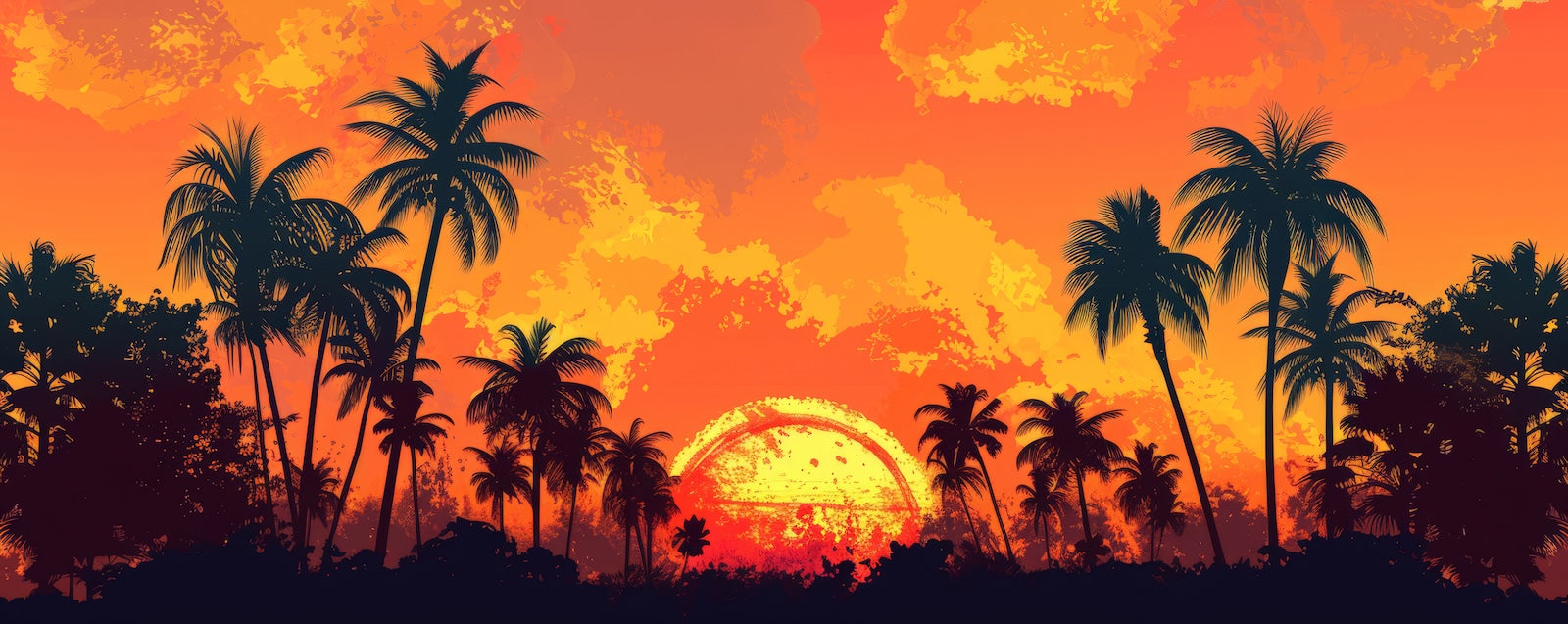 Papier Peint Tropical - Palmiers au Coucher de Soleil Orange