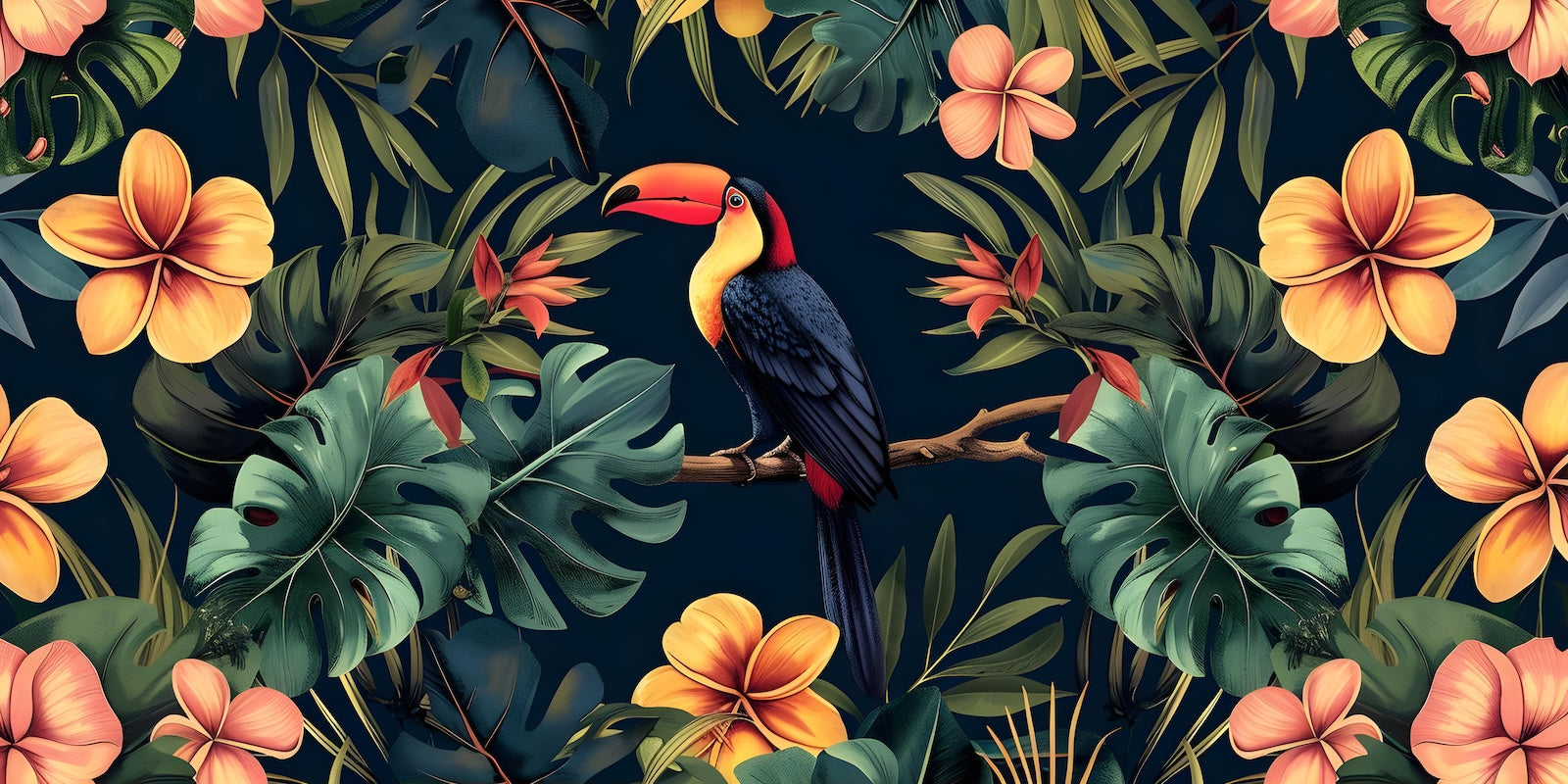 Papier Peint Oiseaux & Rapaces - Toucan et Fleurs Tropicales