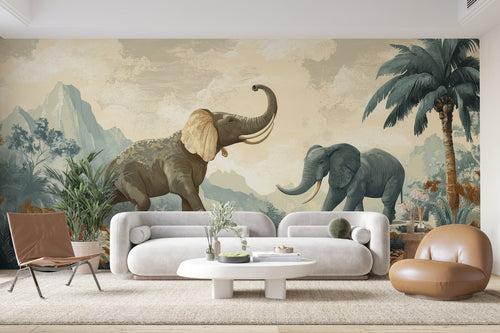 Papier Peint Animaux - Éléphants dans la Jungle Vintage