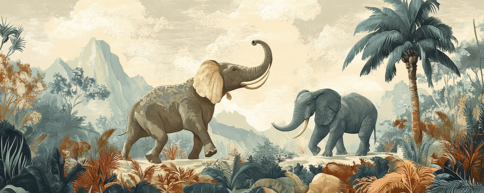 Papier Peint Animaux - Éléphants dans la Jungle Vintage
