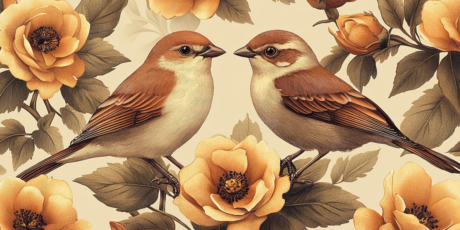Papier Peint Oiseaux & Rapaces - Oiseaux et Roses Vintage