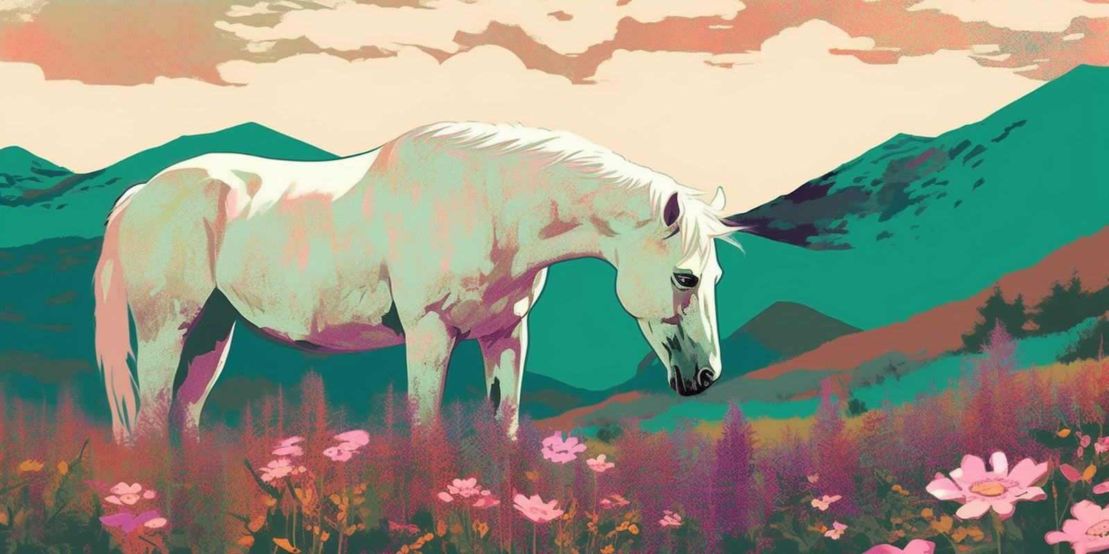 Papier Peint Animaux - Cheval Blanc dans les Fleurs