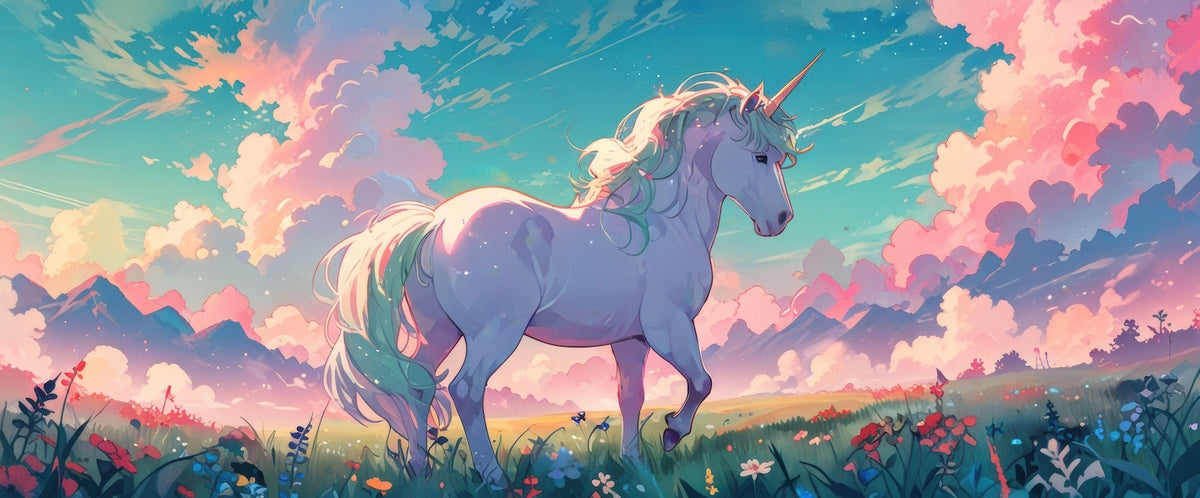 Papier Peint Fantastique - Licorne dans les Nuages Roses