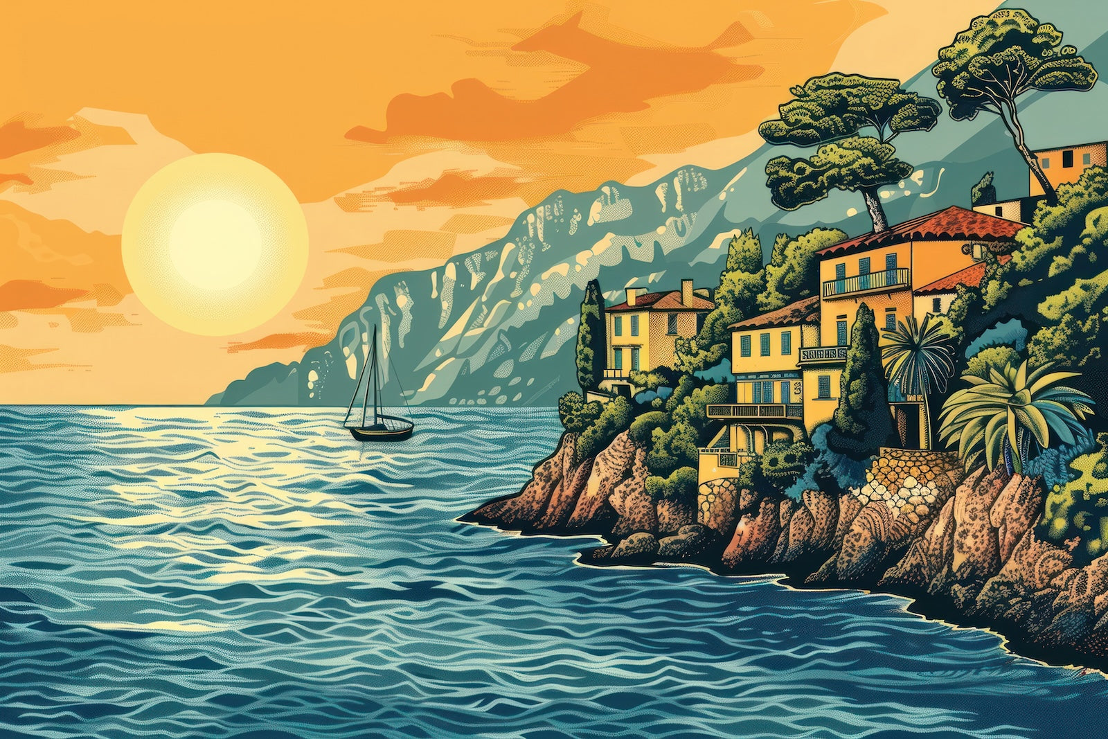Papier Peint Paysage - Crique au Coucher de Soleil Doré