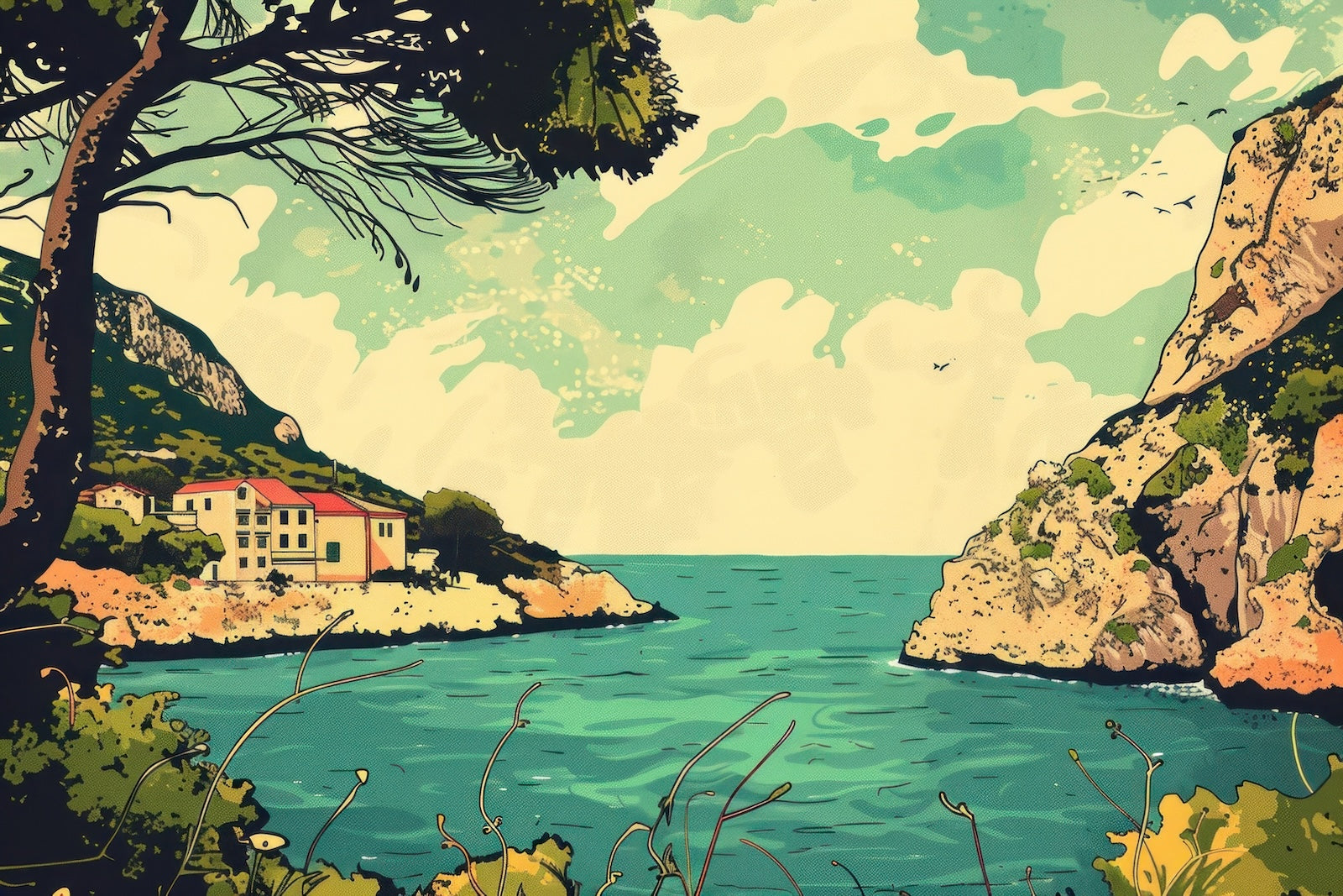 Papier Peint Paysage - Crique Turquoise Illustrée