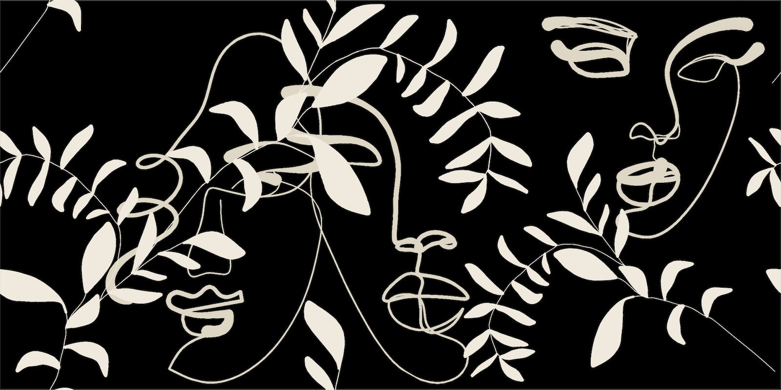 Papier Peint Line Art - Visage et Feuillage Noir