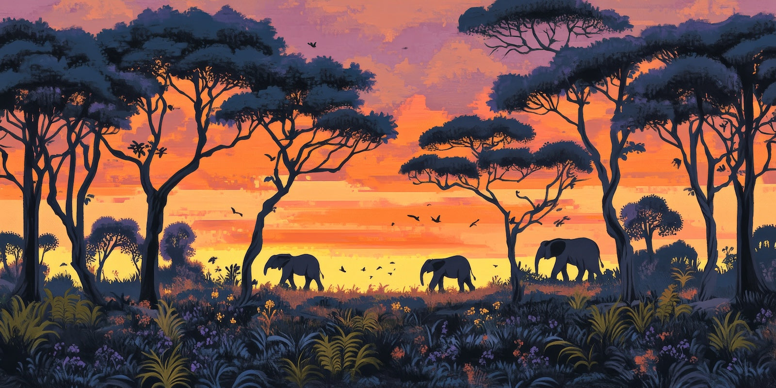 Papier Peint Animaux - Éléphants au Coucher de Soleil Africain