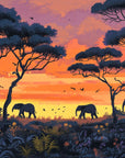 Papier Peint Animaux - Éléphants au Coucher de Soleil Africain