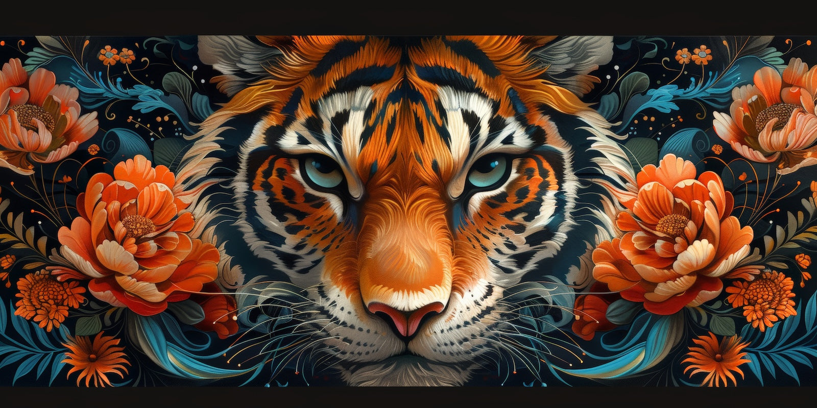 Papier Peint Animaux - Tigre et Fleurs Orange