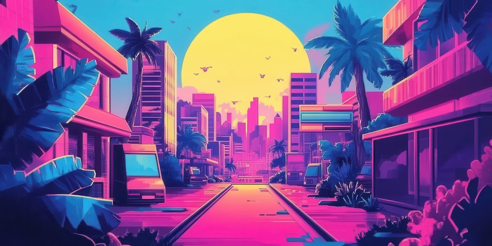 Papier Peint Rétro - Ville Synthwave Violette