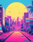 Papier Peint Rétro - Ville Synthwave Violette