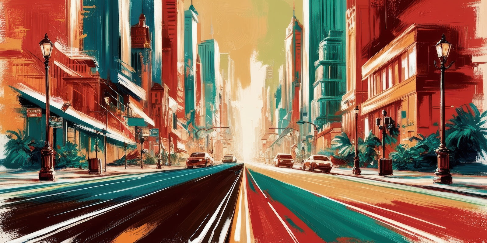 Papier Peint Rétro - Route Néon Rouge et Turquoise