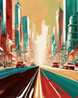 Papier Peint Rétro - Route Néon Rouge et Turquoise
