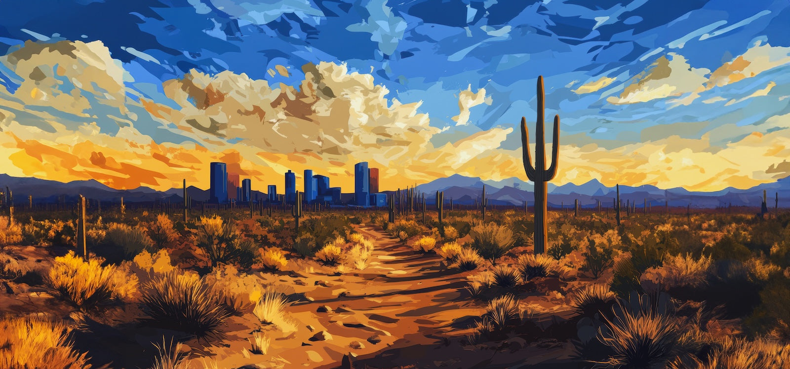 Papier Peint Désert - Ville et Cactus au Coucher de Soleil