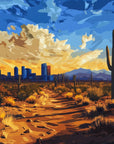 Papier Peint Désert - Ville et Cactus au Coucher de Soleil