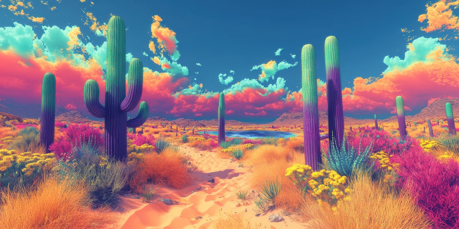 Papier Peint Désert - Cactus Néon Coloré